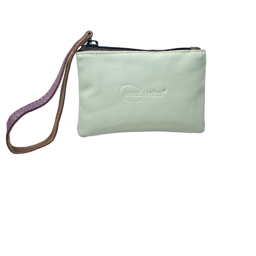 Ameri Leather Light Green Coin Purse Card Holder with‎ Purple Wristlet Strap